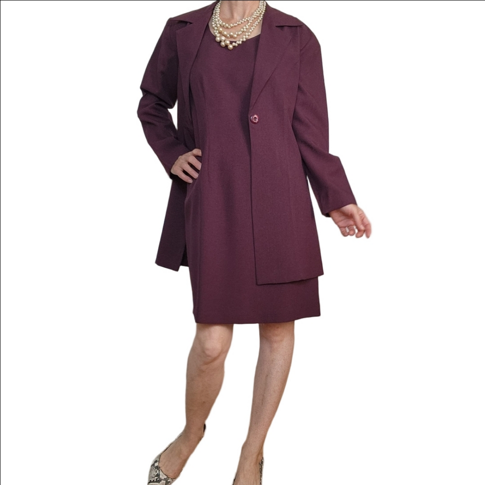 Vintage Blazer and Dress Set Plum color Collared blazer Shift dress Tailored fit - Picture 3 of 16